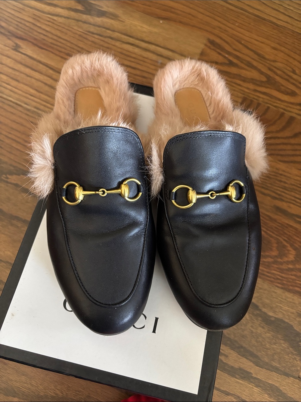Black Leather Fur-Lined Slip-On Loafers with Gold Bit Hardware